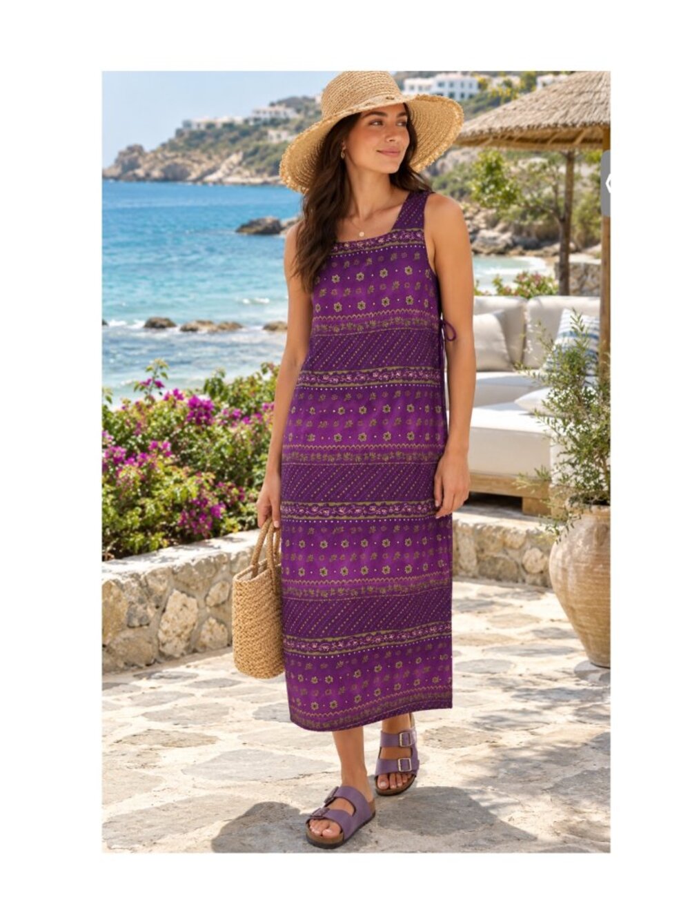 Vintage R&K Originals M/L Purple Sleeveless Maxi Dress Floral Geometric Coastal